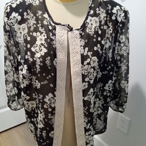 2-$10...Anna Maxwell Plus Sz 22 Floral Black & Cream Sheer Cardigan w/Tan & Gold